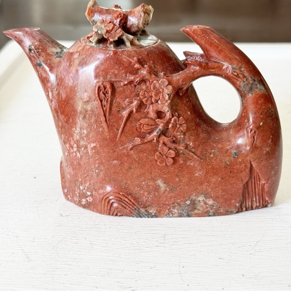Vintage Chinese Natural Red Shoushan Stone Carved Cherry Tree Blossom Teapot - Picture 11 of 16